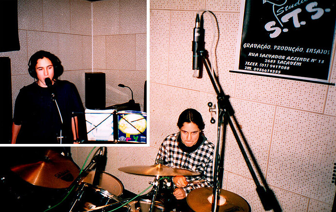 Tiago in the recording studio singing and playing drums